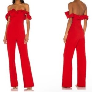 LIKELY × REVOLVE Miller Scarlet Red Off Shoulder Ruffle Jumpsuit Size 4